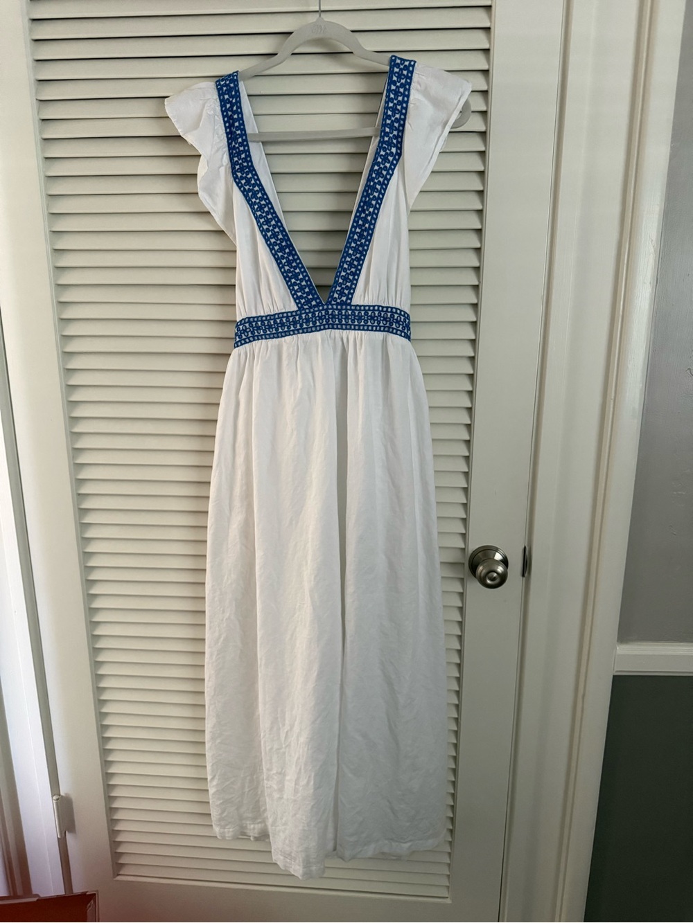 J. Crew White Maxi Dress with Blue Embroidery Trim